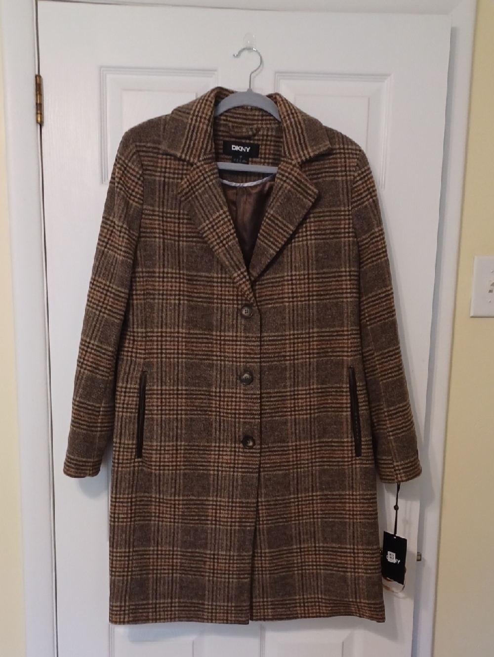 DKNY Sz S, Brown Plaid Wool-Blend Pea Coat. NWT
